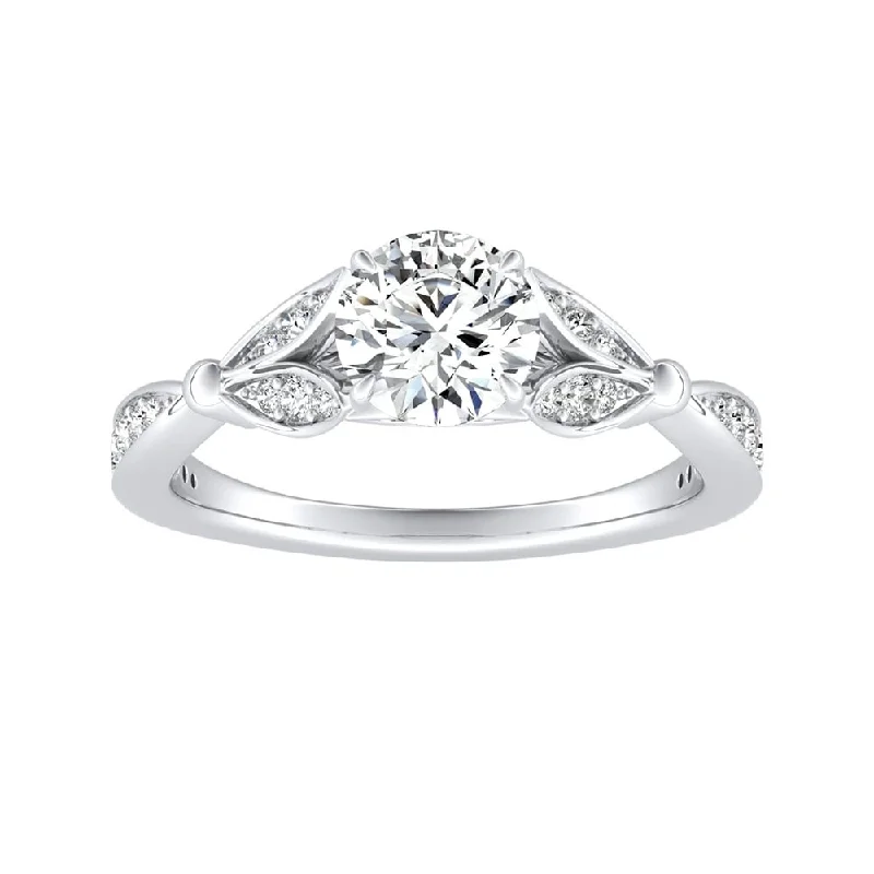 Ladies engagement ring with a diamond band-Auriya Vintage Floral 1/2ct Round Moissanite and 1/4ctw Diamond Engagement Ring 14K Gold