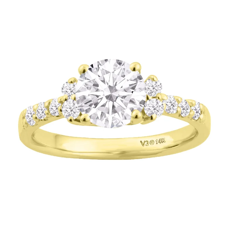 Ladies engagement ring with a diamond band-Yellow Gold Moissanite and White Diamond Engagement Ring