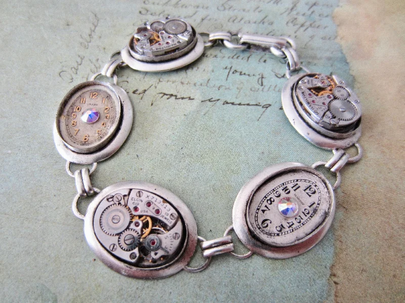 Ladies wedding bangle-Silver Bracelet - One of a kind - Steampunk Jewelry - In the Works - Steampunk watch parts charm bracelet for her