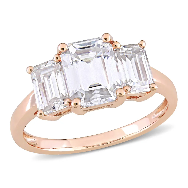 Ladies luxury engagement ring-Miadora 2 3/4ct DEW Octagon Created Moissanite 3-Stone Engagement Ring in 10k Rose Gold