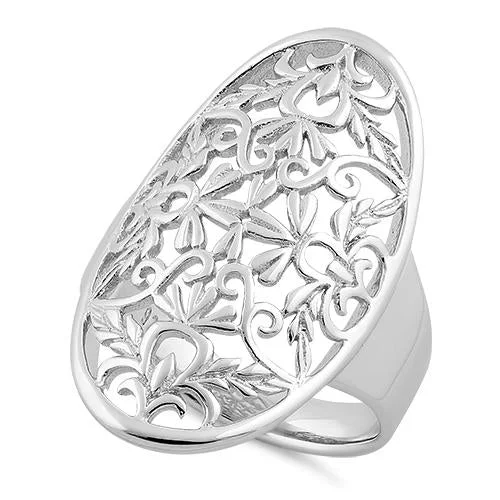 Ladies adjustable ring-Sterling Silver Floral Garden Oval Ring