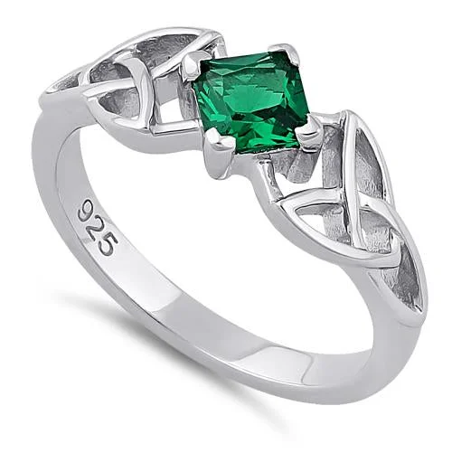 Ladies bridal set ring-Sterling Silver Celtic Princess Cut Emerald CZ Ring