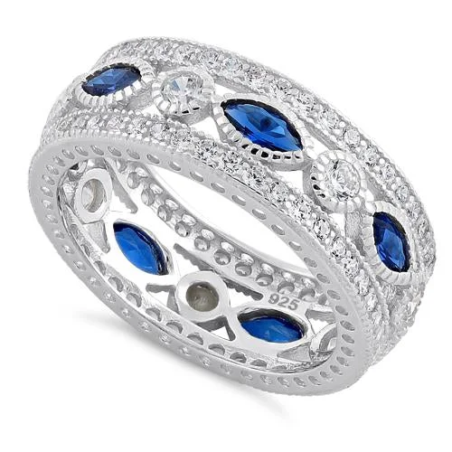 Ladies oval diamond ring-Sterling Silver Eternity Marquise & Round Blue Spinel CZ Ring