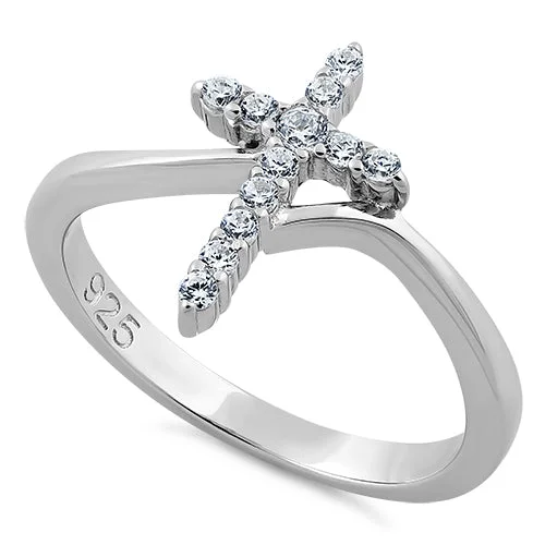 Ladies wedding anniversary ring-Sterling Silver Cross CZ Ring