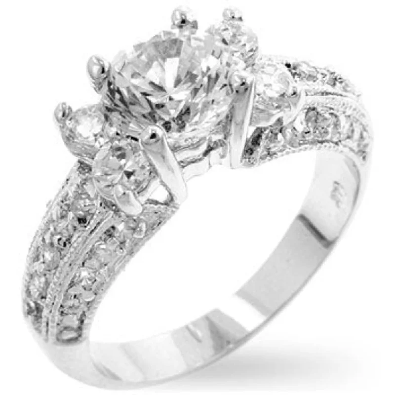 Ladies emerald cut engagement ring with diamonds-Brilliant Cubic Zirconia Engagement Ring With Rhodium Plated