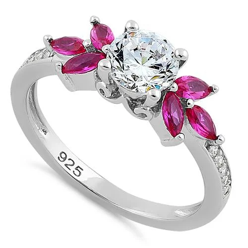 Ladies modern ring-Sterling Silver Flower Leaves Ruby Clear CZ Ring