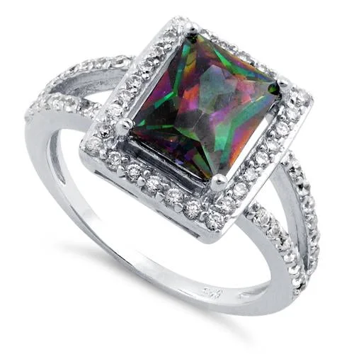 Ladies bridal set ring-Sterling Silver Rainbow Topaz Rectangular Halo CZ Ring