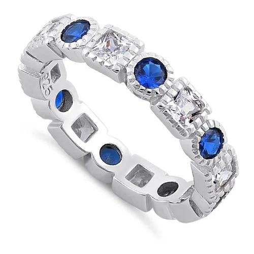 Ladies sapphire engagement ring-Sterling Silver Round & Princess Cut Eternity Blue Spinel & Clear CZ Ring