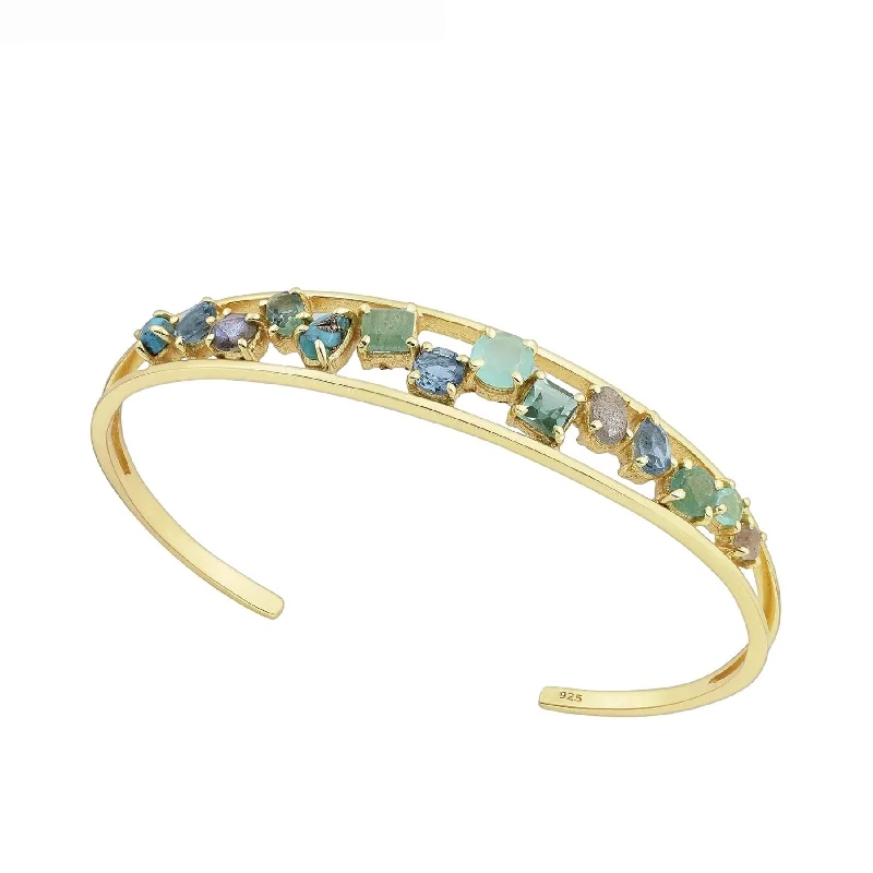 Ladies minimalist bracelet-Exquisite 18K Gold Plated Sterling Silver Cuff Bracelet with a Vibrant arrangement of Gemstones