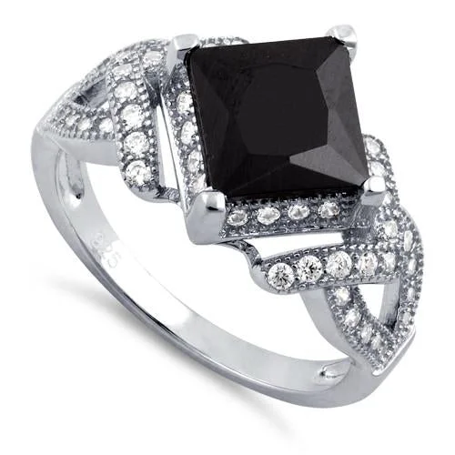 Ladies sapphire engagement ring-Sterling Silver Pave Black CZ Princess Cut Ring