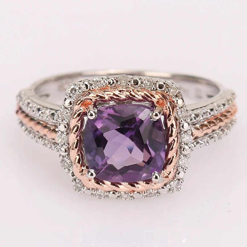 Ladies halo engagement ring with sapphires-Miadora 2-Tone Sterling Silver Cushion-cut Amethyst & 1/6ct TDW Diamond Multi-row Halo Engagement Ring