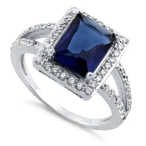 Ladies round diamond ring-Sterling Silver Blue Sapphire Rectangular Halo CZ Ring