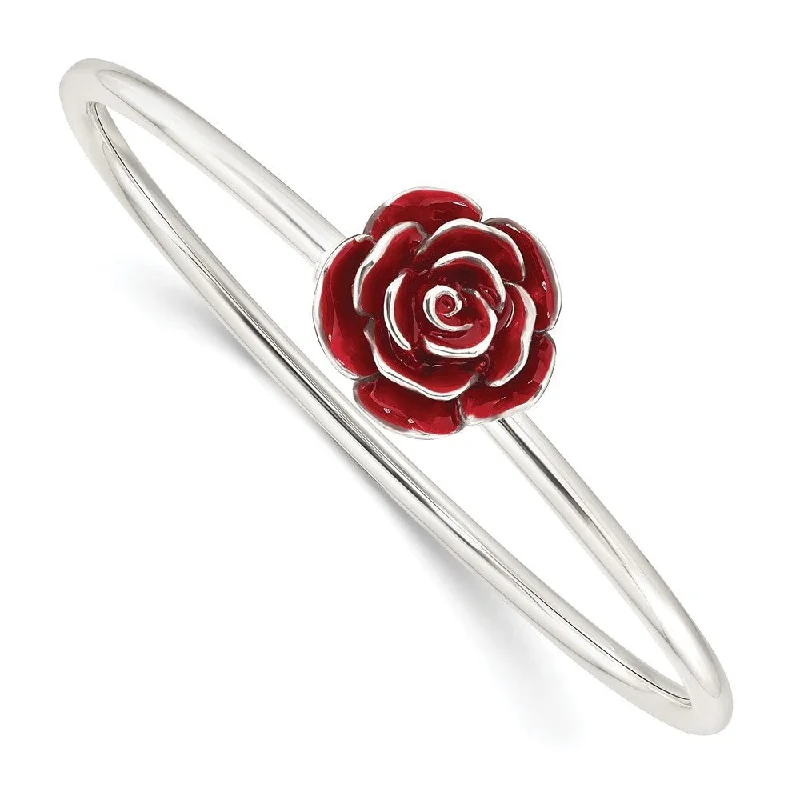 Ladies minimalist bracelet-925 Sterling Silver Enameled Rose Flexible Bangle Bracelet (11.1grm)