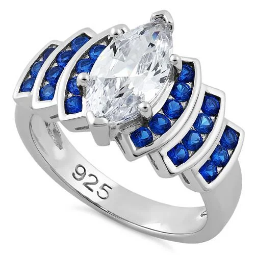 Ladies modern wedding band-Sterling Silver Elegant Blue Spinel Marquise Clear CZ Ring