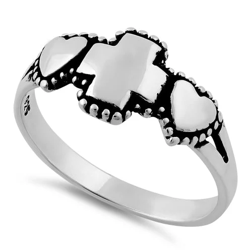 Ladies promise ring-Sterling Silver Double Heart Cross Ring