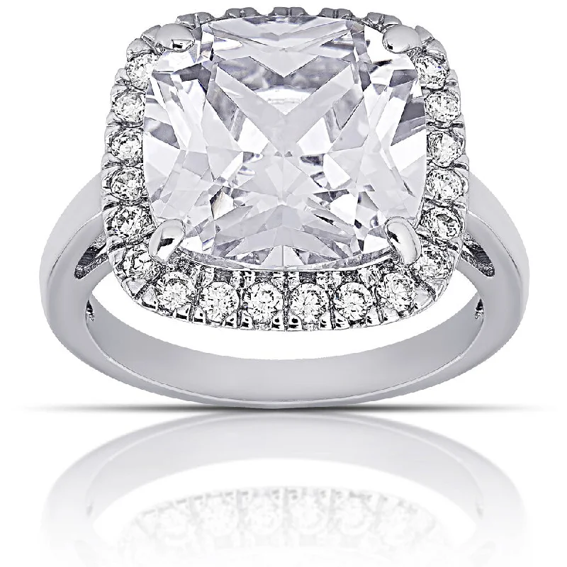 Ladies platinum engagement ring set-Dolce Giavonna Silver Overlay Cushion-cut Halo Engagement Ring