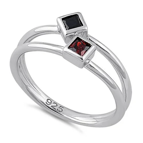 Ladies wedding anniversary ring-Sterling Silver Double Princess Cut Black & Garnet CZ Ring