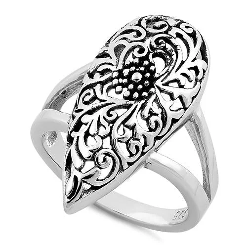 Ladies anniversary ring-Sterling Silver Filigree Floral Teardrop Ring