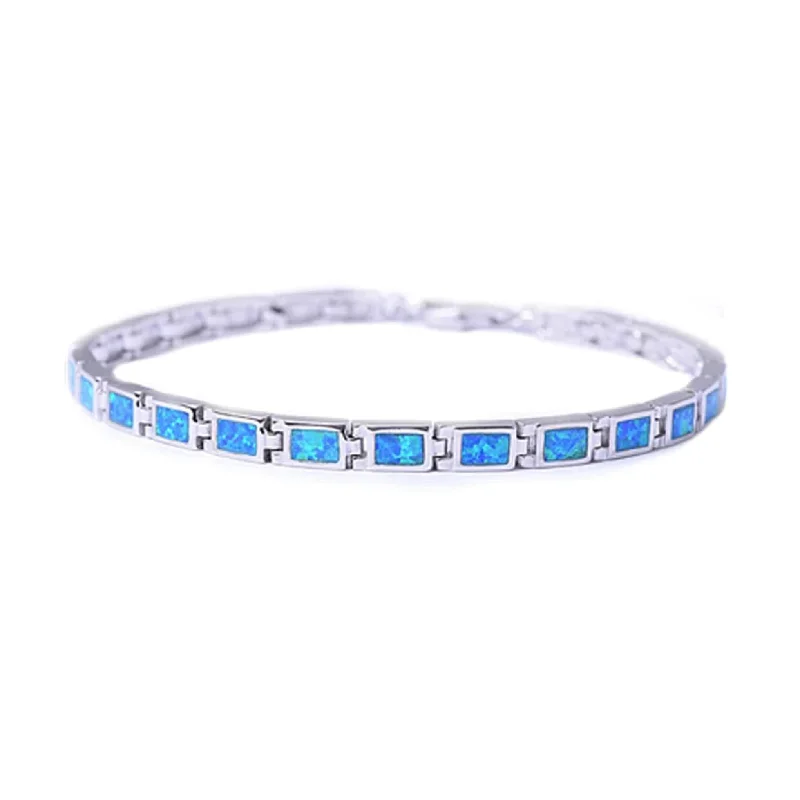 Ladies birthstone bangle-Sterling Silver & Blue Lab Opal Rectangular Linked Tennis Bracelet