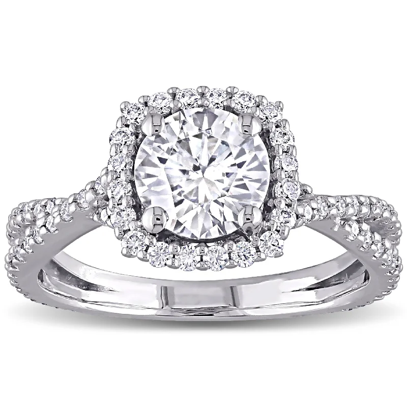 Ladies engagement ring with a twist-Miadora 1 1/2ct DEW Moissanite Halo Crossover Engagement Ring in 10k White Gold