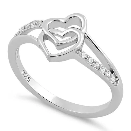 Ladies cluster diamond ring-Sterling Silver Double Heart CZ Ring