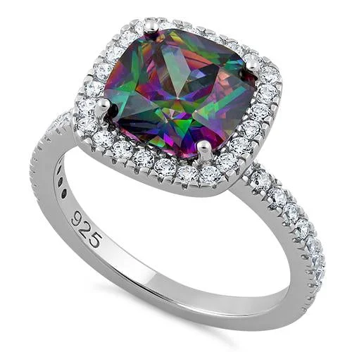 Ladies engagement ring with sapphire-Sterling Silver Cushion Cut Rainbow CZ Ring