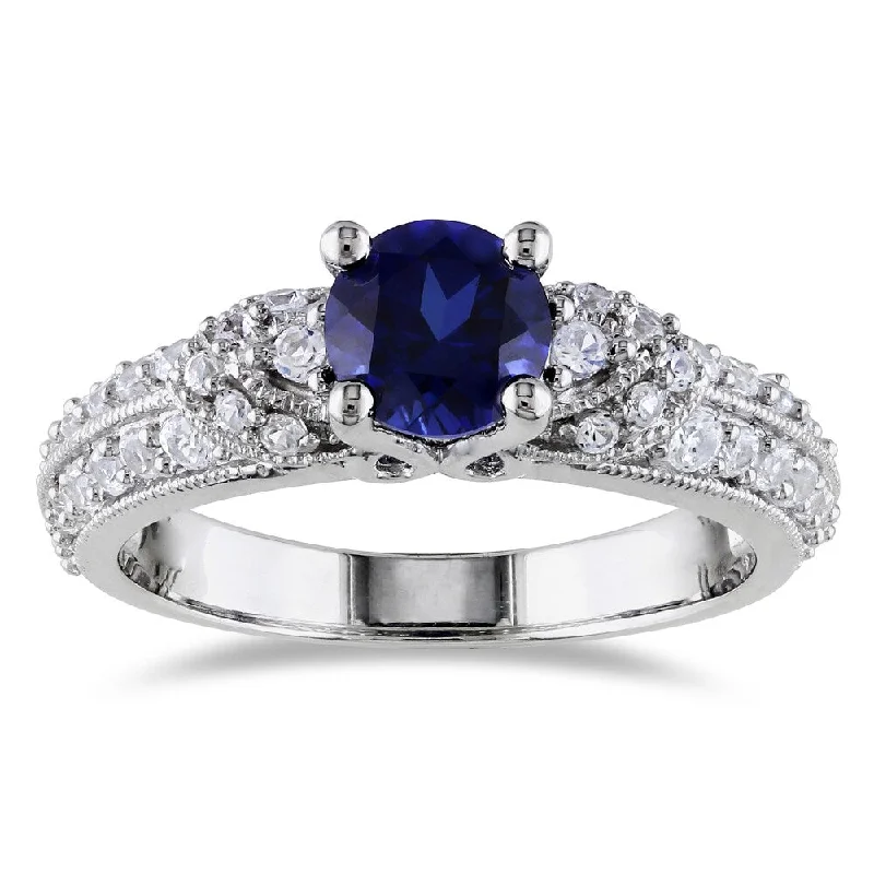 Ladies emerald cut engagement ring with diamonds-Miadora Sterling Silver Created Blue and White Sapphire Engagement Ring