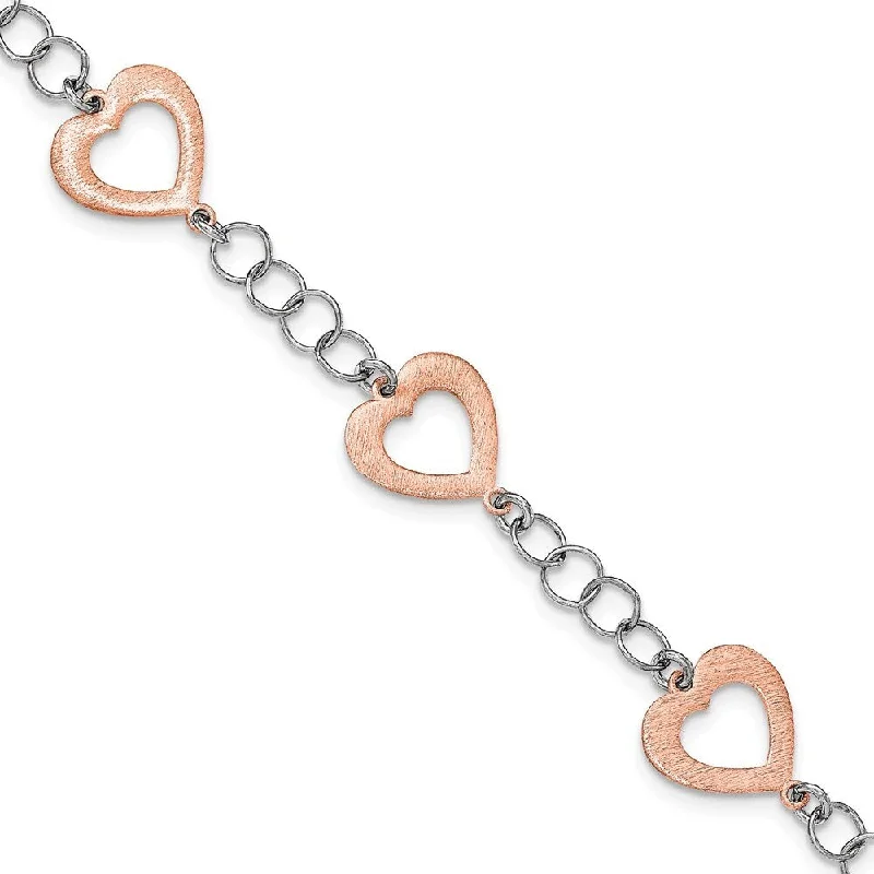 Ladies pearl bracelet-925 Sterling Silver Rhodium-plated Rose-tone Heart Bracelet, 7.5"