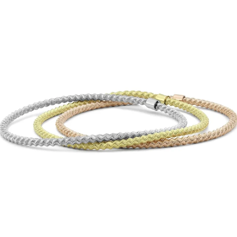 Ladies luxury bangles-Italian Made Tri-Color Rope Stretch Bracelet in .925 Sterling Silver - charm