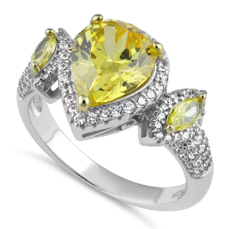 Ladies diamond ring-Sterling Silver Yellow Pear-Shape Halo CZ Ring