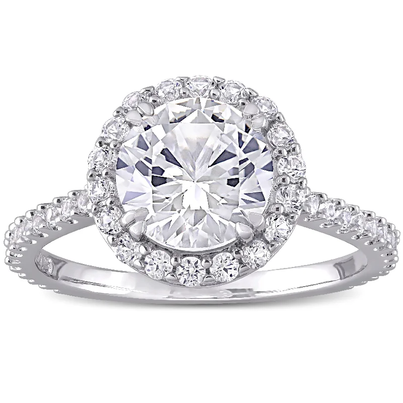 Ladies engagement ring with fancy diamonds-Miadora Sterling Silver 3ct TGW Created White Sapphire Halo Engagement ring