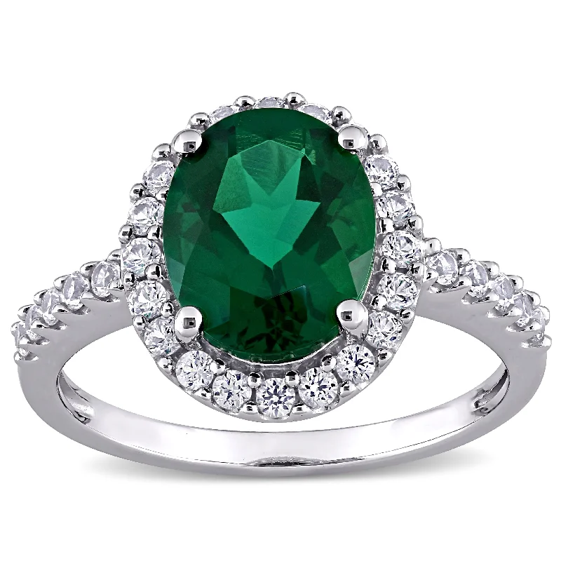 Ladies pear-shaped engagement ring-Miadora 10k White Gold Oval-cut Created Emerald and Created White Sapphire Halo Engagement Ring