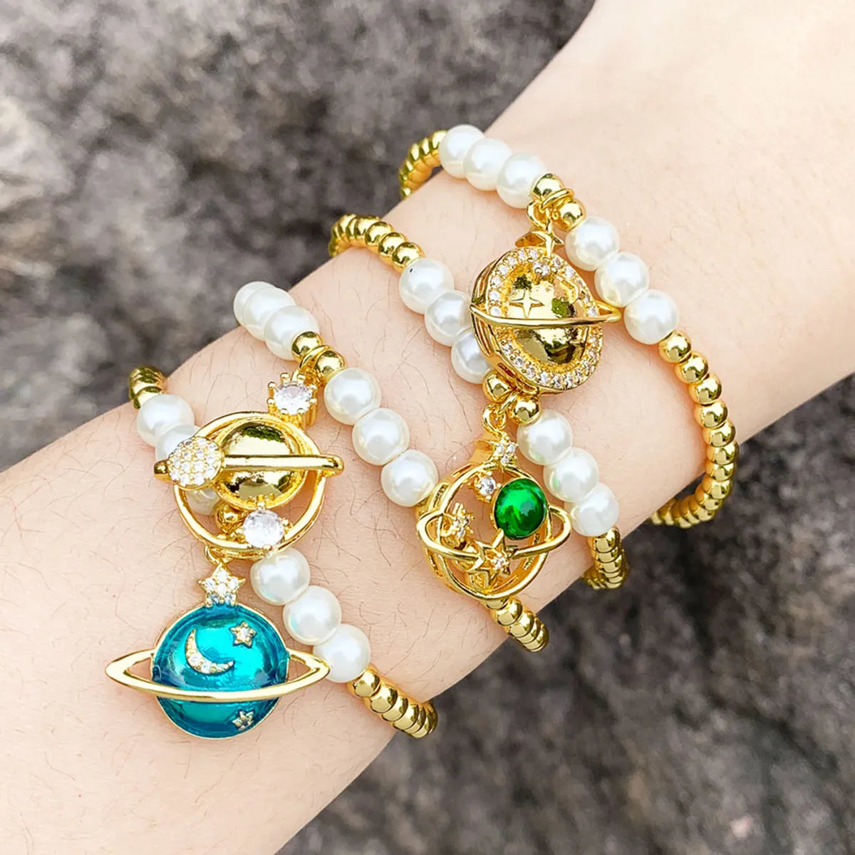 Ladies bracelet for women-Original Design Starry Sky Moon Imitation Pearl Copper 18k Gold Plated Zircon Bracelets In Bulk