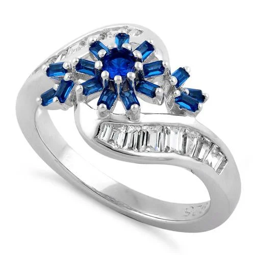 Ladies men’s wedding ring-Sterling Silver Blooming Flower Blue Sapphire CZ Ring