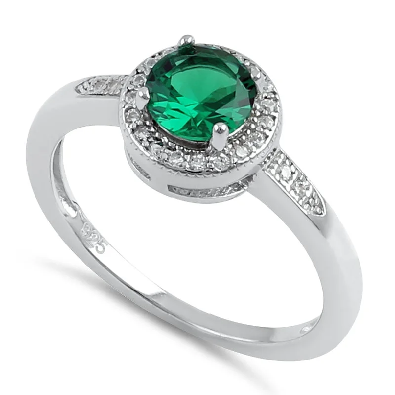 Ladies halo diamond ring with band-Sterling Silver Elegant Round Halo Green CZ Ring