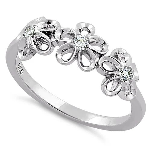 Ladies wedding band-Sterling Silver Triple Plumeria CZ ring