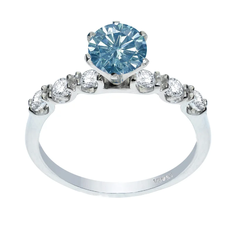 Ladies emerald and sapphire engagement ring-Sterling Silver Blue Moissanite and White Topaz Engagement Ring