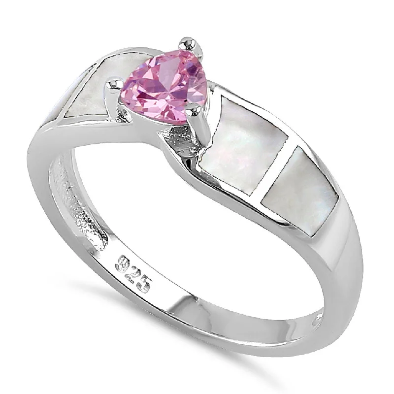 Ladies wedding ring-Sterling Silver Pink Center Trillion Cut Stone Mother of Pearl Ring