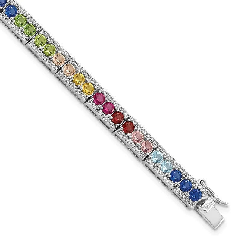 Ladies adjustable bangle bracelet-925 Sterling Silver Rhodium-plated Cubic Zirconia and Multicolor Nano Crystals Bracelet, 7.5" (W-5.75mm)