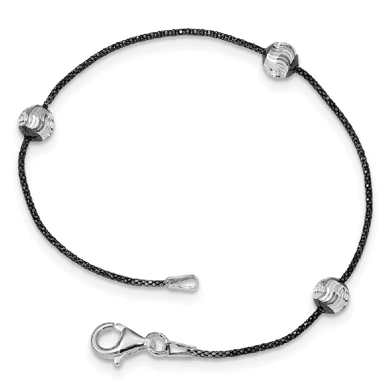 Ladies multi-layer bracelet-925 Sterling Silver & Ruthenium Diamond-Cut Bead Bracelet, 7.5"