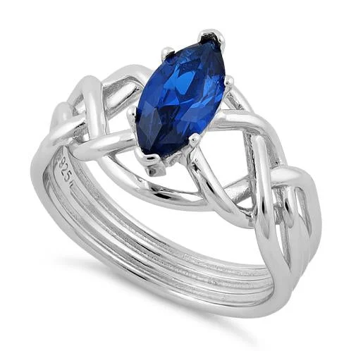 Ladies cushion cut ring-Sterling Silver Celtic Blue Spinel Marquise CZ Ring