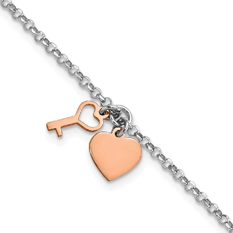 Ladies elegant charm bracelet-925 Sterling Silver Rhodium Rose-tone Heart & Key Bracelet, 6" w/1.5in Extender