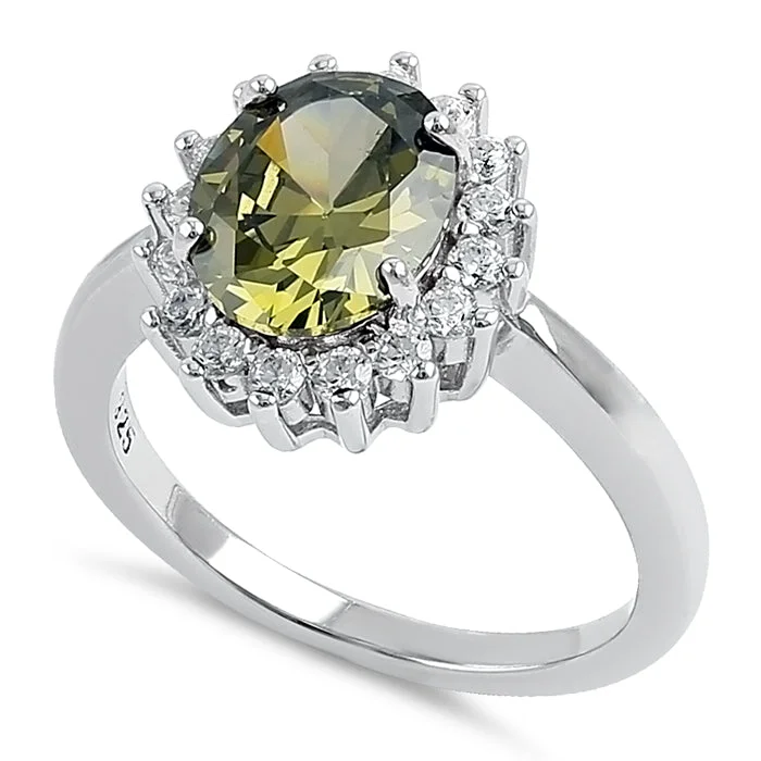 Ladies fancy engagement ring-Sterling Silver Peridot Oval CZ Ring