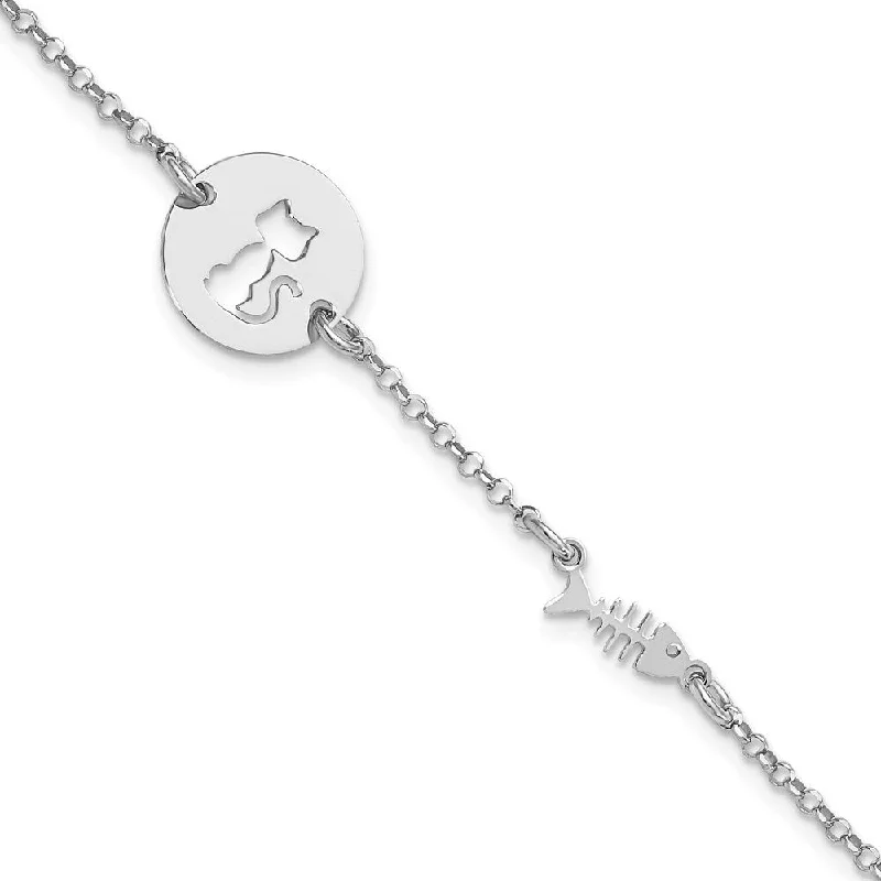 Ladies trendy bracelet-925 Sterling Silver Rhodium-plated Kitty and Fish Bracelet, 7" w/0.5in Extender